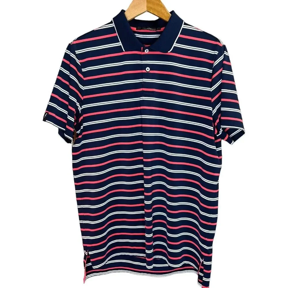 RLX Ralph Lauren Short Sleeve Polo Shirt Blue Pink & White Striped Golf Large